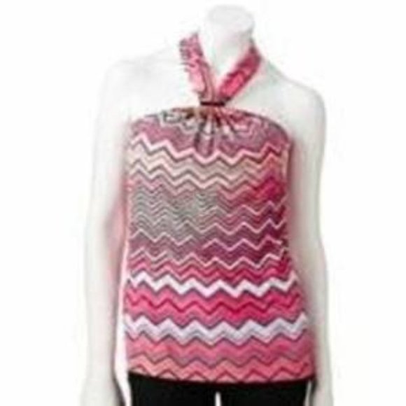 Womens Halter Top Jennifer Lopez Small Pink Zig Zag Satiny Stretch Gold Accents - Picture 1 of 5